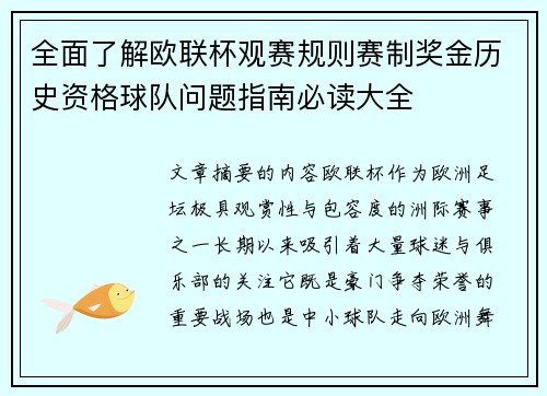 全面了解欧联杯观赛规则赛制奖金历史资格球队问题指南必读大全